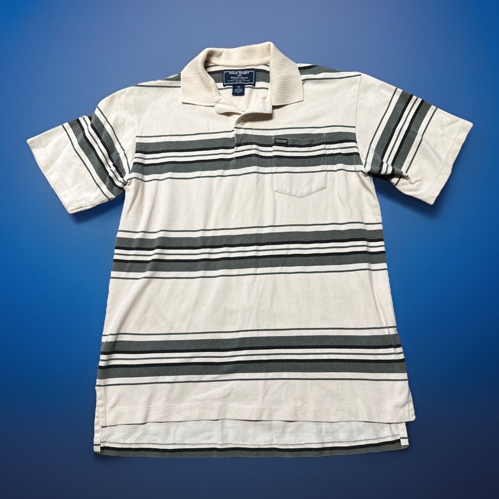 90s Vtg Ralph Lauren Polo Mens Shirt Medium White Gray‎ Striped Short Sleeve